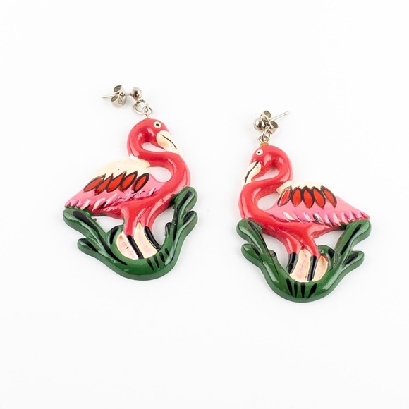 Vintage Jewelry - Vintage Pink Flamingo Dangle Resin Earrings